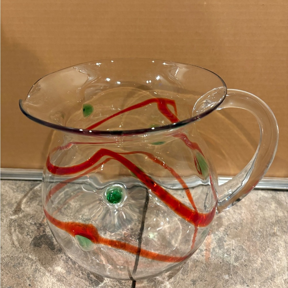 Handcrafted Glass Pitcher with Red and Green Accents